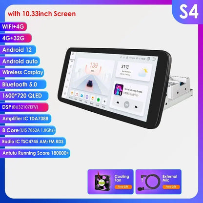 Autoradio 10.1" 360° Rotante – Android 13, CarPlay, Android Auto, GPS, 8+128GB, 1 DIN