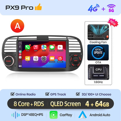 Autoradio Android 13 per Fiat 500/Abarth (2007-2015) – Wireless CarPlay & Android Auto, GPS, Schermo 7” HD