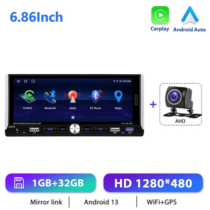 🎵 Autoradio Android 13 Podofo 6.9” 1DIN con CarPlay, Android Auto e WiFi – Touchscreen HD, GPS, Bluetooth e USB – Universale
