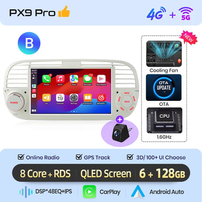 Autoradio Android 13 per Fiat 500/Abarth (2007-2015) – Wireless CarPlay & Android Auto, GPS, Schermo 7” HD