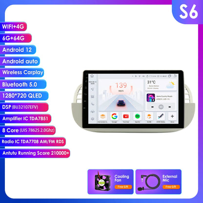 Autoradio Android 4G 8-Core per Fiat 500 (2007-2014) – CarPlay, GPS e Intrattenimento a Portata di Mano!