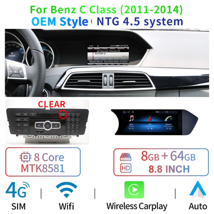 8.8 "Display Touch Screen Android Radio Unità principale per auto per Mercedes Classe C W204 2011-2014 BT WIFI GPS Navi Wireless Carplay Auto