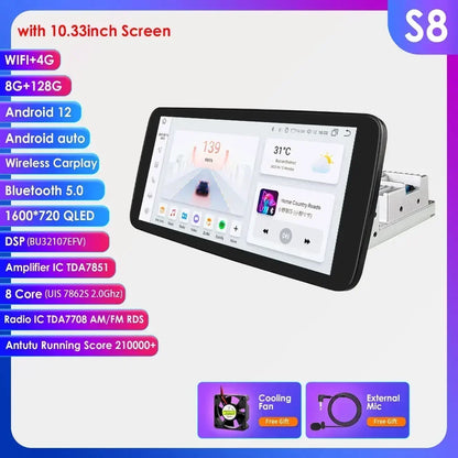 Autoradio 10.1" 360° Rotante – Android 13, CarPlay, Android Auto, GPS, 8+128GB, 1 DIN