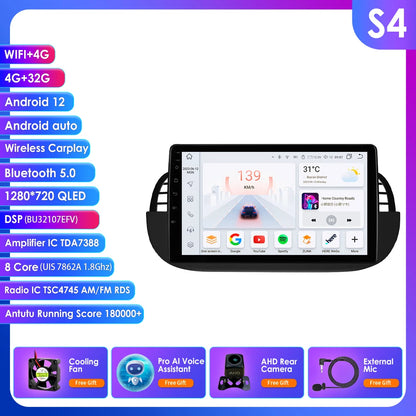 Autoradio Android 4G 8-Core per Fiat 500 (2007-2014) – CarPlay, GPS e Intrattenimento a Portata di Mano!
