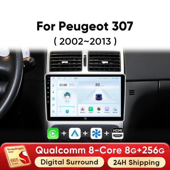 Autoradio Android 13 9" per Peugeot 307 (2002-2013) – Wireless CarPlay, Android Auto, GPS, 8GB RAM + 256GB ROM