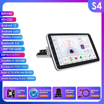 Autoradio 10.1" 360° Rotante – Android 13, CarPlay, Android Auto, GPS, 8+128GB, 1 DIN