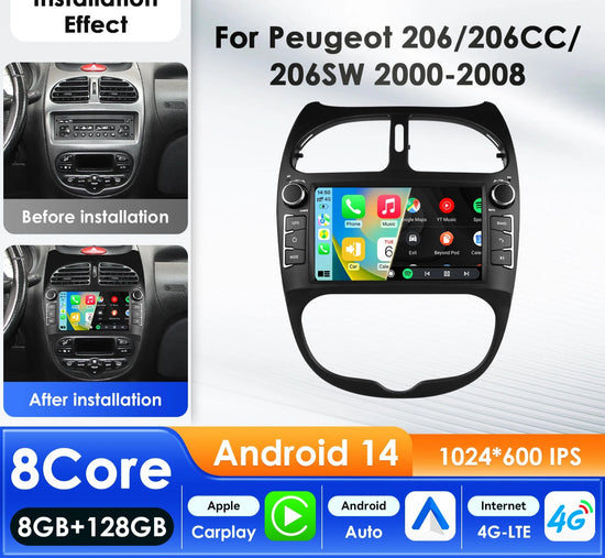 Autoradio 7" Android per Peugeot 206 (2000-2008) – CarPlay, Android Auto, GPS, WiFi, FM/RDS