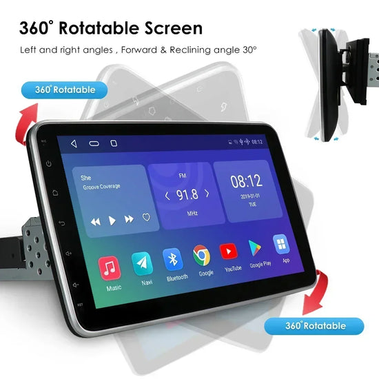 Autoradio 10.1" 360° Rotante – Android 13, CarPlay, Android Auto, GPS, 8+128GB, 1 DIN