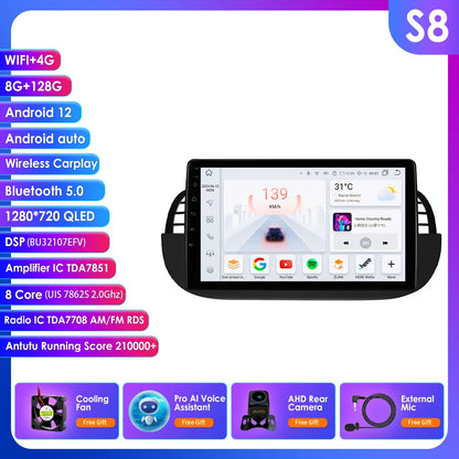 Autoradio Android 4G 8-Core per Fiat 500 (2007-2014) – CarPlay, GPS e Intrattenimento a Portata di Mano!