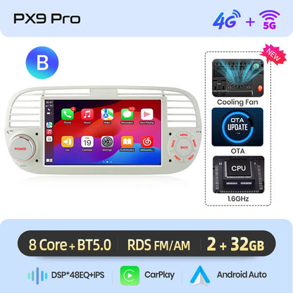 Autoradio Android 13 per Fiat 500/Abarth (2007-2015) – Wireless CarPlay & Android Auto, GPS, Schermo 7” HD