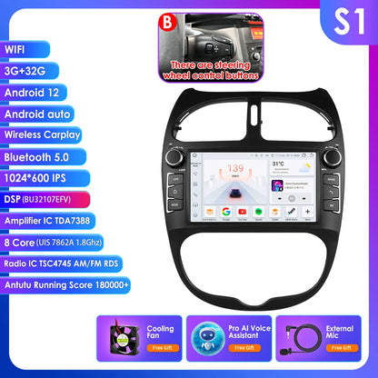 Autoradio 7" Android per Peugeot 206 (2000-2008) – CarPlay, Android Auto, GPS, WiFi, FM/RDS