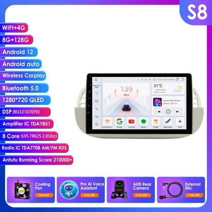 Autoradio Android 4G 8-Core per Fiat 500 (2007-2014) – CarPlay, GPS e Intrattenimento a Portata di Mano!