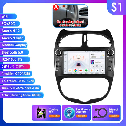Autoradio 7" Android per Peugeot 206 (2000-2008) – CarPlay, Android Auto, GPS, WiFi, FM/RDS