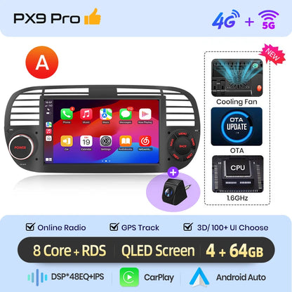 Autoradio Android 13 per Fiat 500/Abarth (2007-2015) – Wireless CarPlay & Android Auto, GPS, Schermo 7” HD
