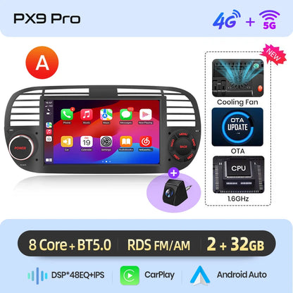 Autoradio Android 13 per Fiat 500/Abarth (2007-2015) – Wireless CarPlay & Android Auto, GPS, Schermo 7” HD