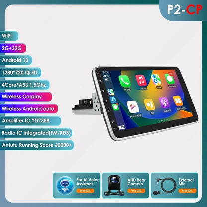 Autoradio 10.1" 360° Rotante – Android 13, CarPlay, Android Auto, GPS, 8+128GB, 1 DIN