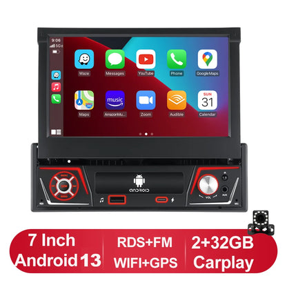 Autoradio 1 DIN Android 13 con Schermo Retrattile 7" IPS – CarPlay, Android Auto, GPS, Lettore Multimediale