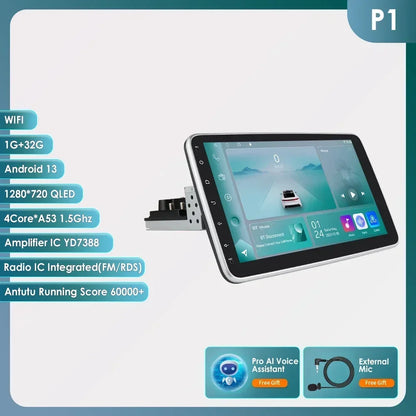 Autoradio 10.1" 360° Rotante – Android 13, CarPlay, Android Auto, GPS, 8+128GB, 1 DIN