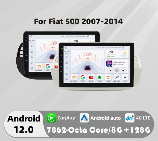 Autoradio Android 4G 8-Core per Fiat 500 (2007-2014) – CarPlay, GPS e Intrattenimento a Portata di Mano!