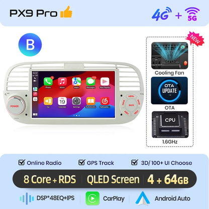 Autoradio Android 13 per Fiat 500/Abarth (2007-2015) – Wireless CarPlay & Android Auto, GPS, Schermo 7” HD