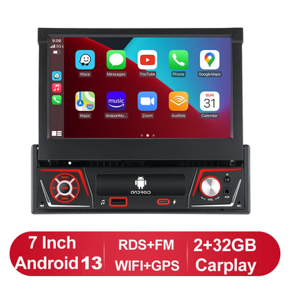 Autoradio 1 DIN Android 13 con Schermo Retrattile 7" IPS – CarPlay, Android Auto, GPS, Lettore Multimediale